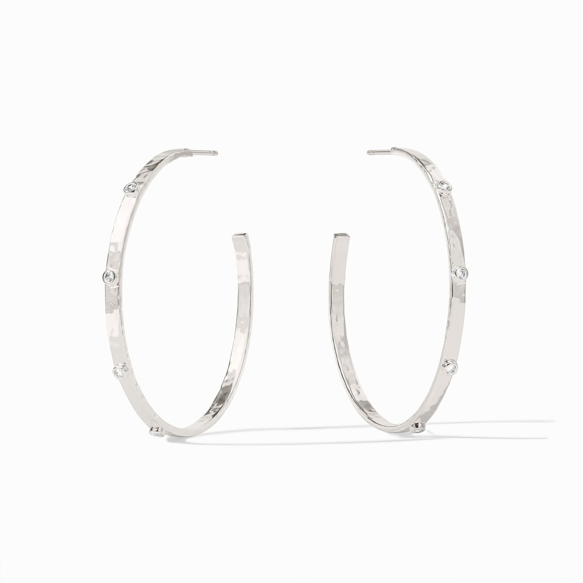 Medium-sized pure silver plated crescent hoop earring with reconstituted gemstone accents and Julie Vos hallmark.