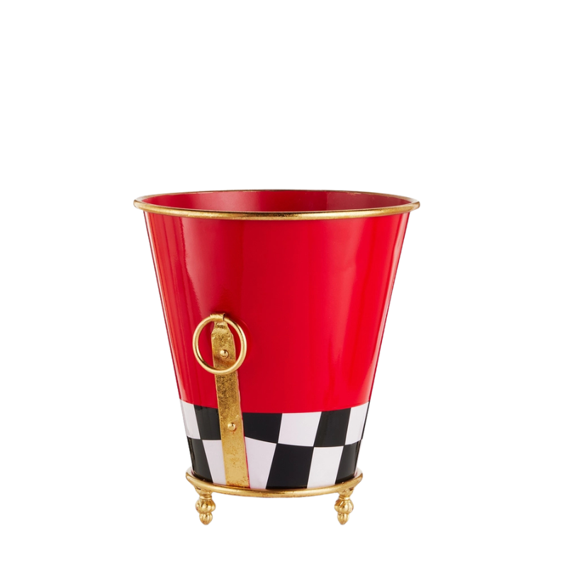 Red tapered metal planter with a black and white checkered base, gold rim, handles, and feet.