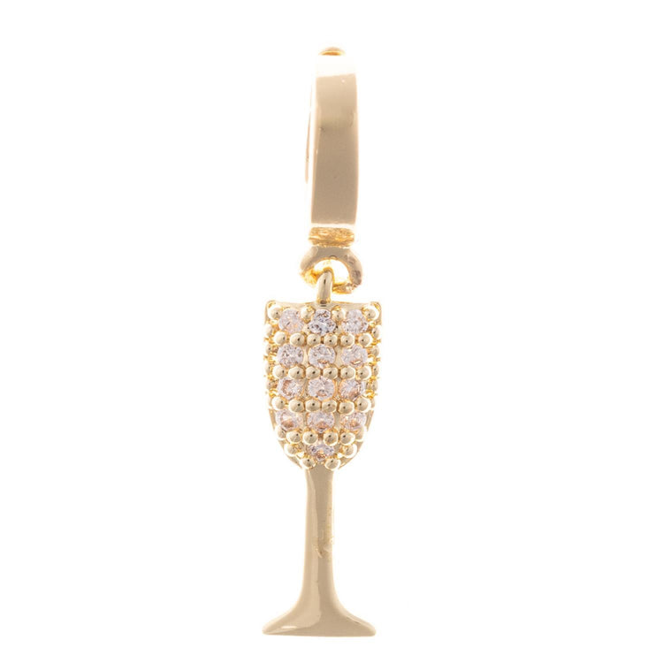 18k gold plated champagne glass charm with pave-set crystals and a clasp attachment.