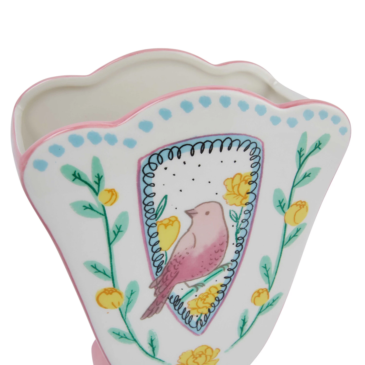 Ceramic fan-shaped dolomite vase with scalloped edge and bird motif.