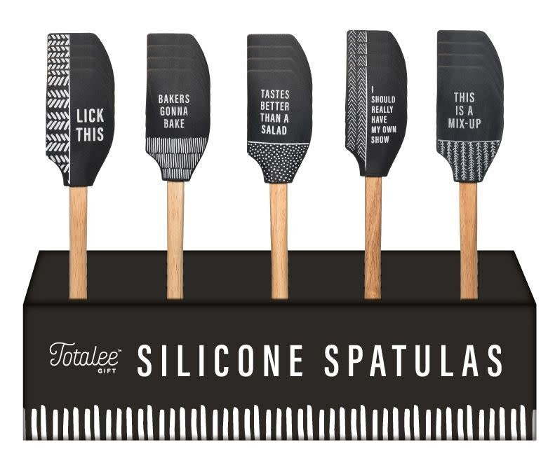 Black silicone spatula with a flexible head and ergonomic handle.
