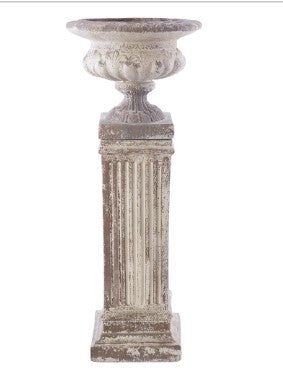 57.5 inch cream and brown weathered planter urn on a fluted Greco-Roman style pillar pedestal.