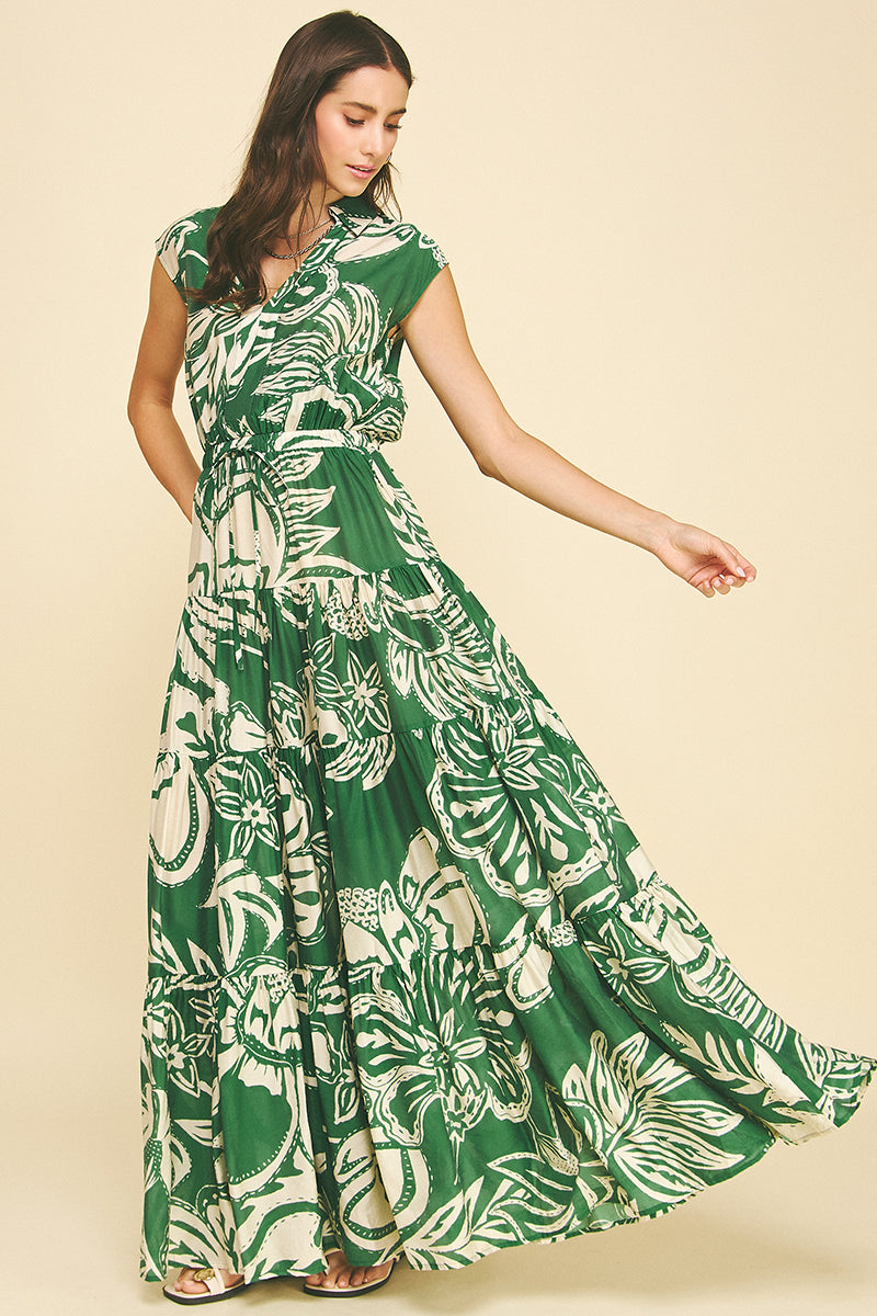 Megan floral tiered maxi dress with V-neck, cap sleeves, self-tie waist in rayon and nylon fabric.