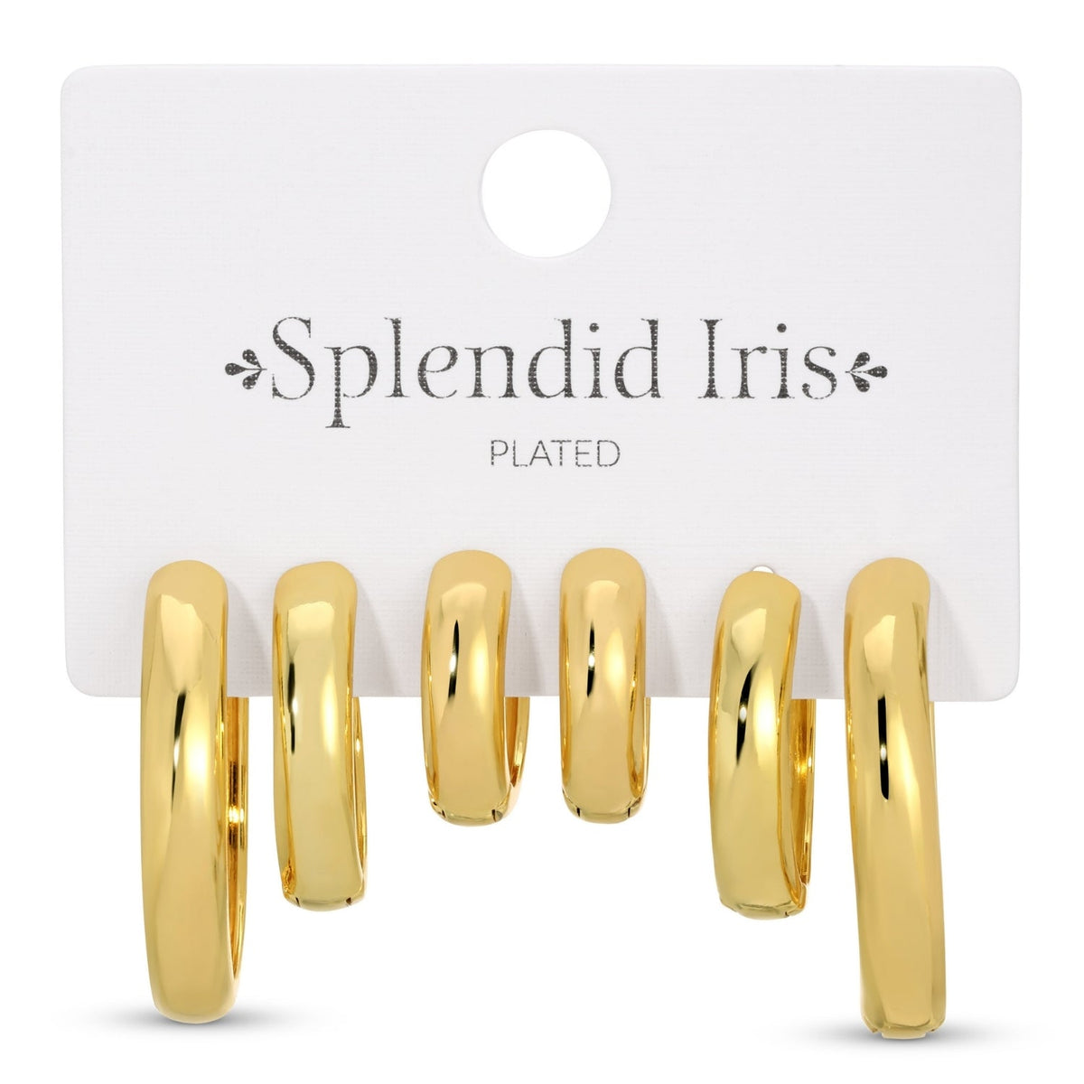 Set of three pairs of gold-plated huggie hoop earrings in small, medium, and bold sizes.