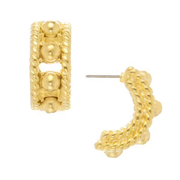 Pair of gold Capri Hoops with a textured rope design and raised bead accents.