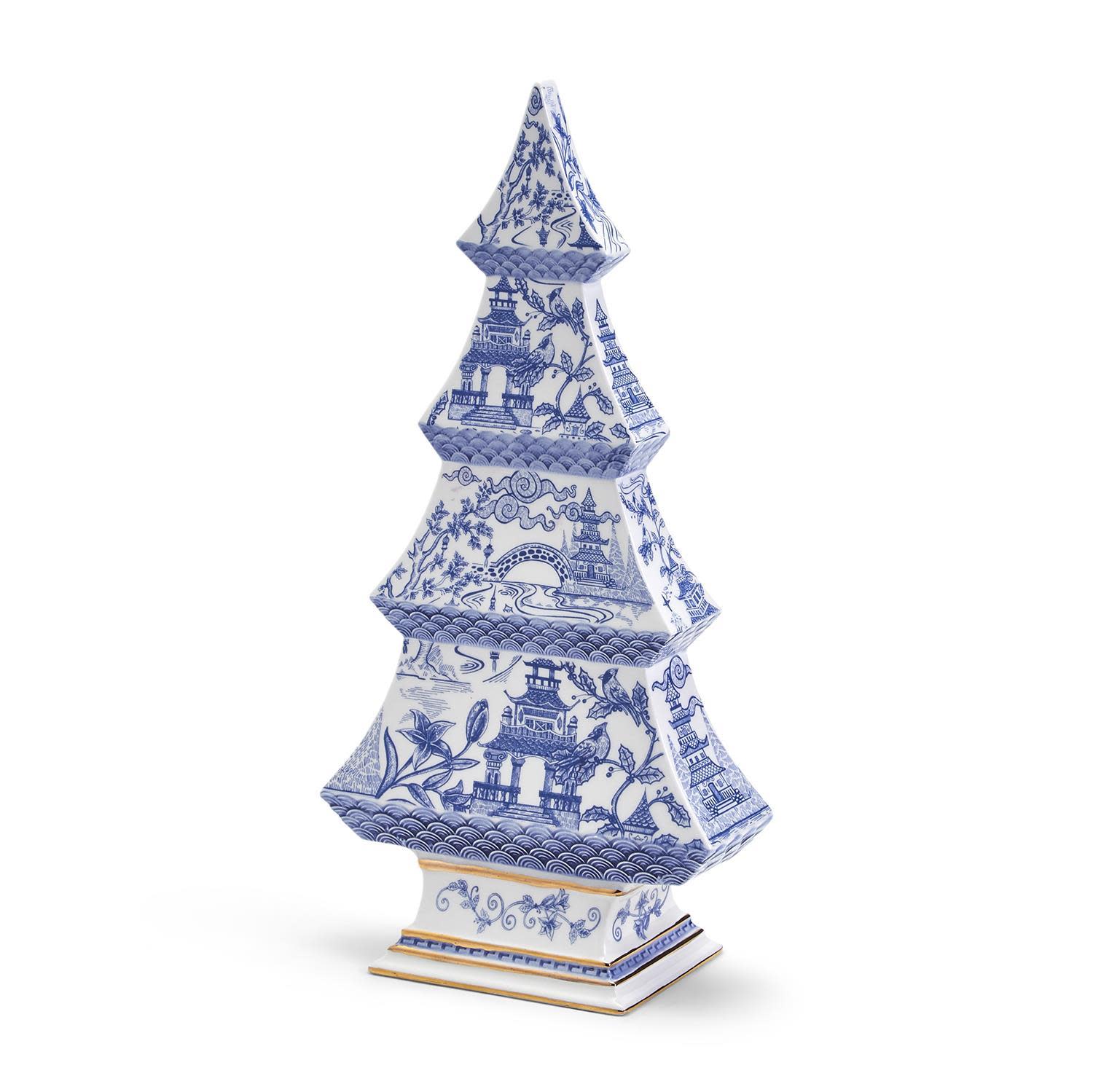 Blue and white dolomite Christmas tree with pagoda scenes and gold metallic accents.