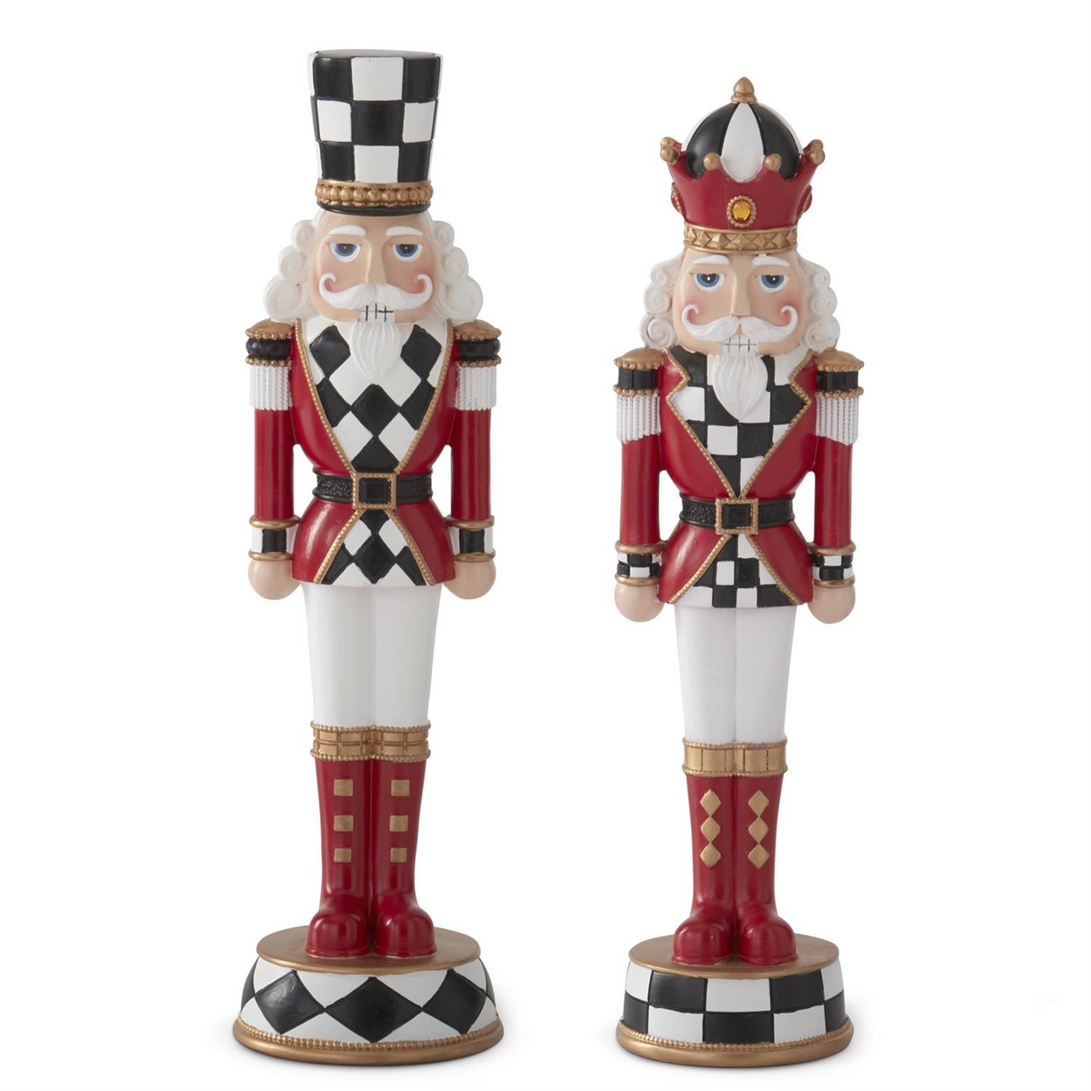 Two red and black harlequin check nutcrackers with white hair and gold accents, sold individually.