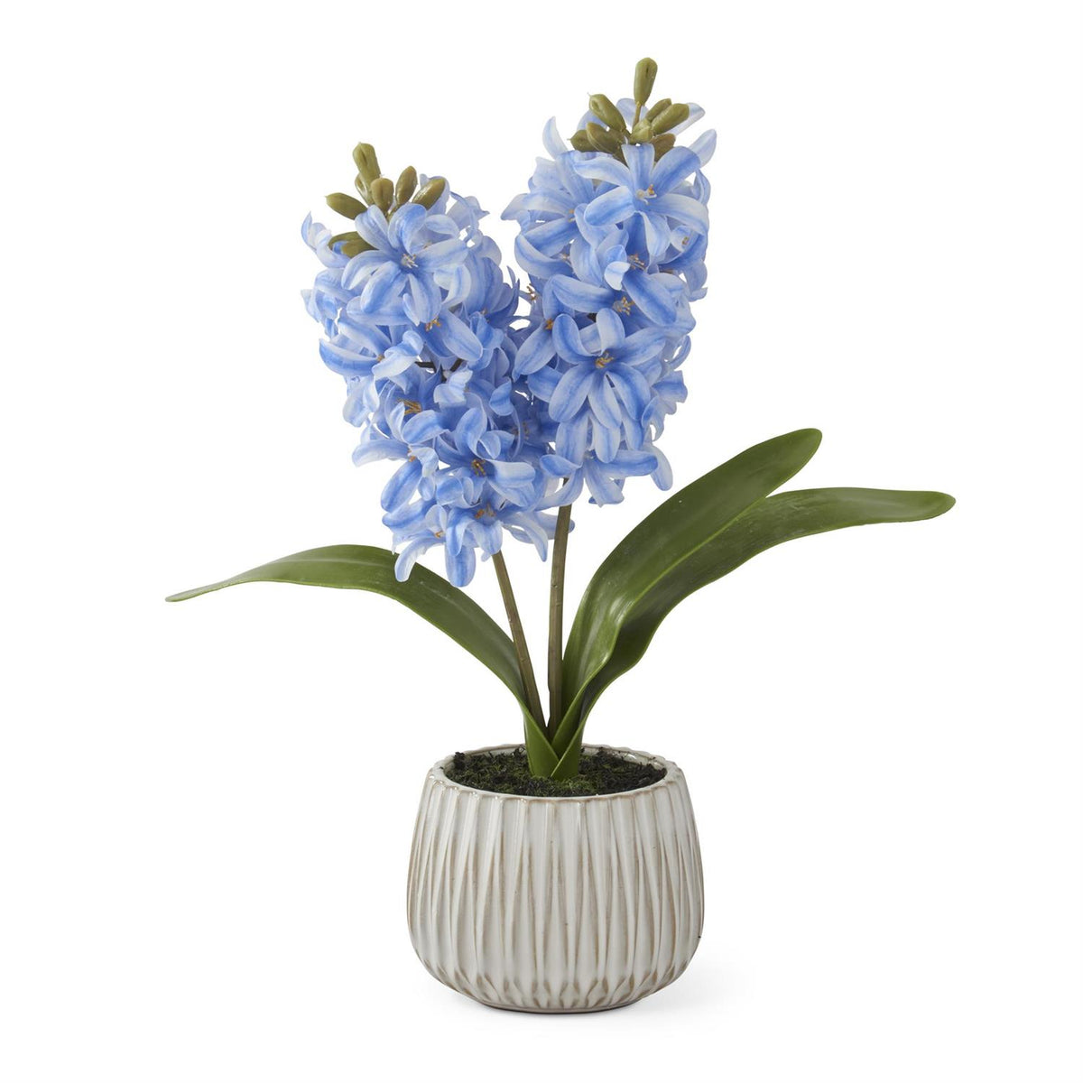 White ceramic pot holding a 16-inch tall real touch hyacinth with faux dirt and green foliage.