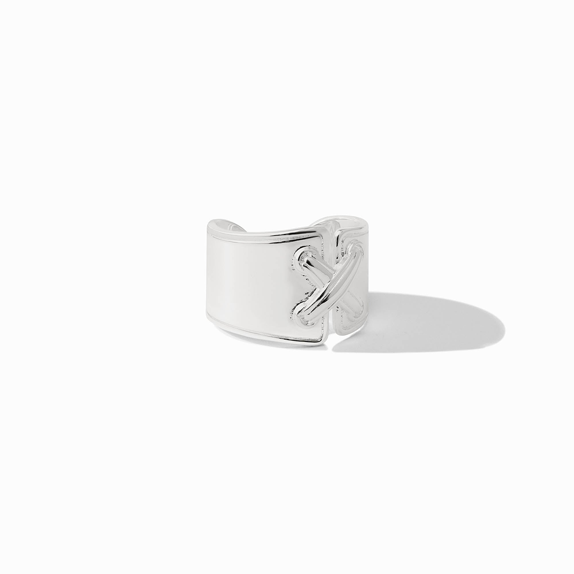 Essex Ring in silver with a wide band and a decorative cross-stitch detail on the front.
