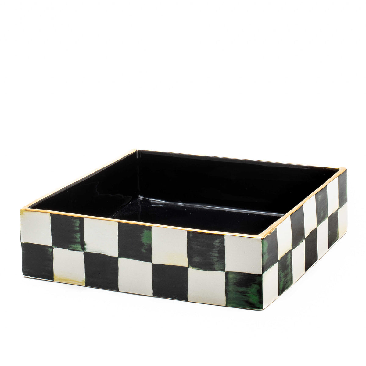 Ceramic luncheon napkin holder with a courtly check pattern in blue and white.