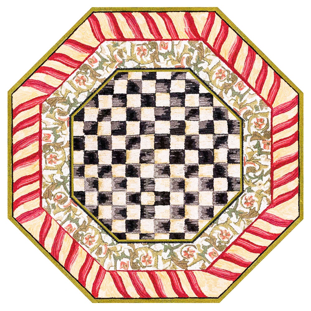 6-foot octagon washable rug with red courtly check pattern in gold accents made from polyester.