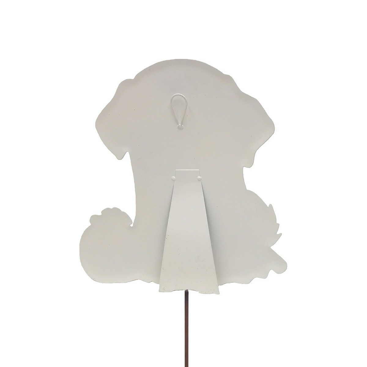 Back view of a white metal ghost puppy garden stake with a kickstand and hanging loop.