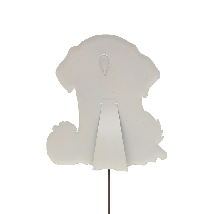 Back view of a white metal ghost puppy garden stake with a kickstand and hanging loop.