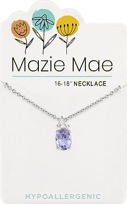 Silver Mazie Mae necklace featuring an oval light amethyst pendant with a trio of clear stones.