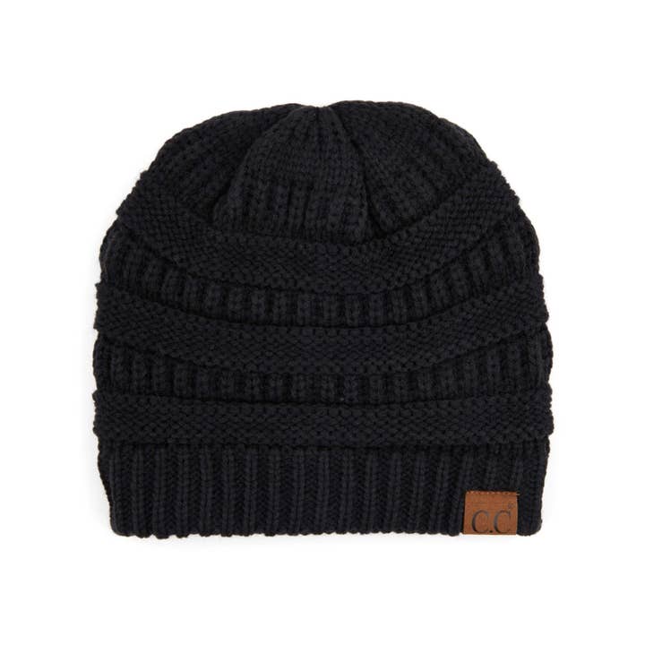 Black acrylic beanie with a folded cuff.