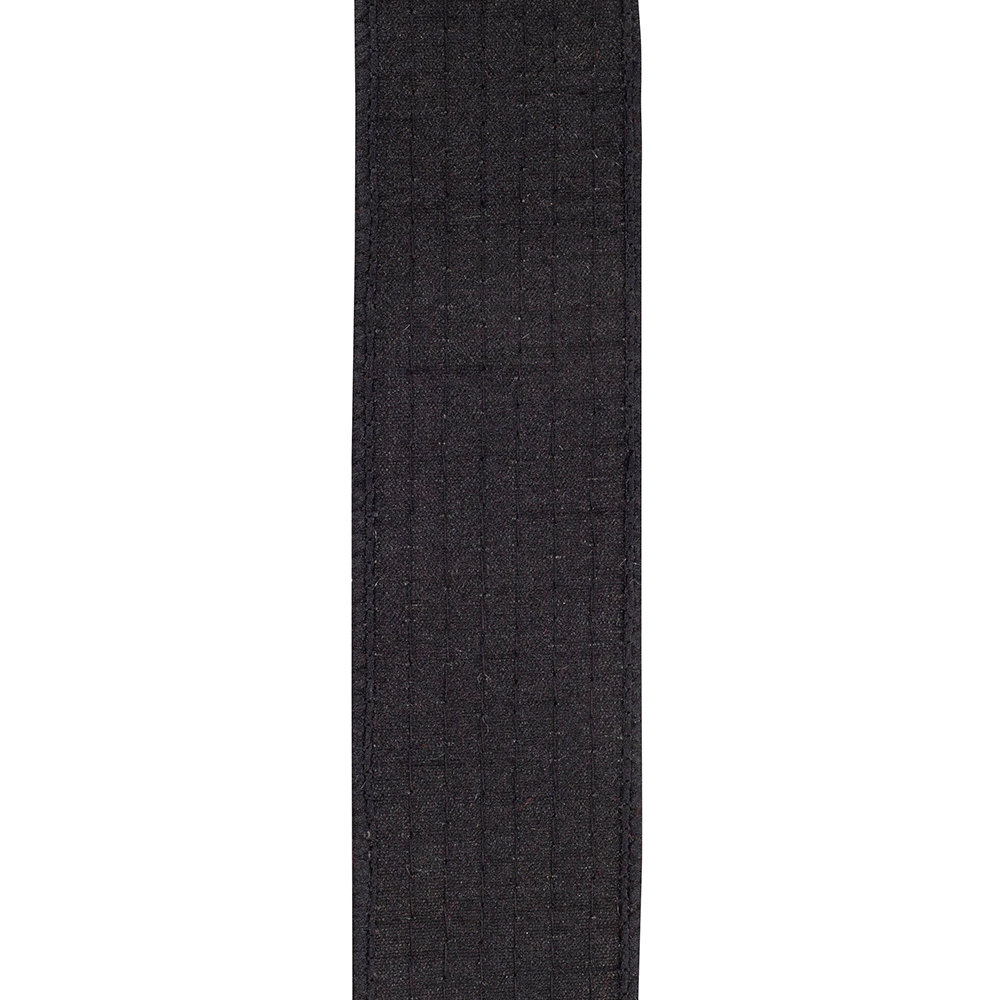Close-up of black deluxe fused backed wired edge ribbon showing its textured fabric and stitching.