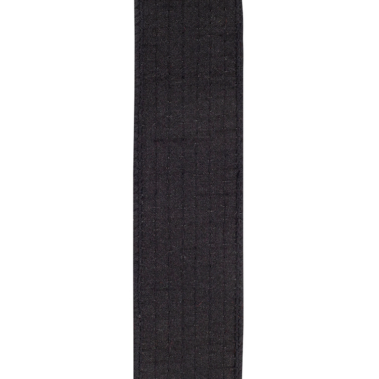 Close-up of black deluxe fused backed wired edge ribbon showing its textured fabric and stitching.