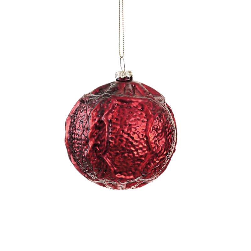 Textured red glass ball ornament with a metallic finish and silver hanging cap.
