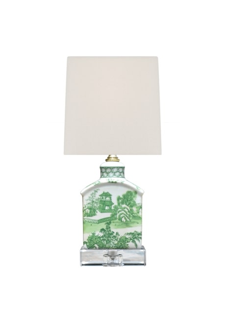 Porcelain mini jar lamp with green chinoiserie landscape pattern, crystal base, and off-white shade.