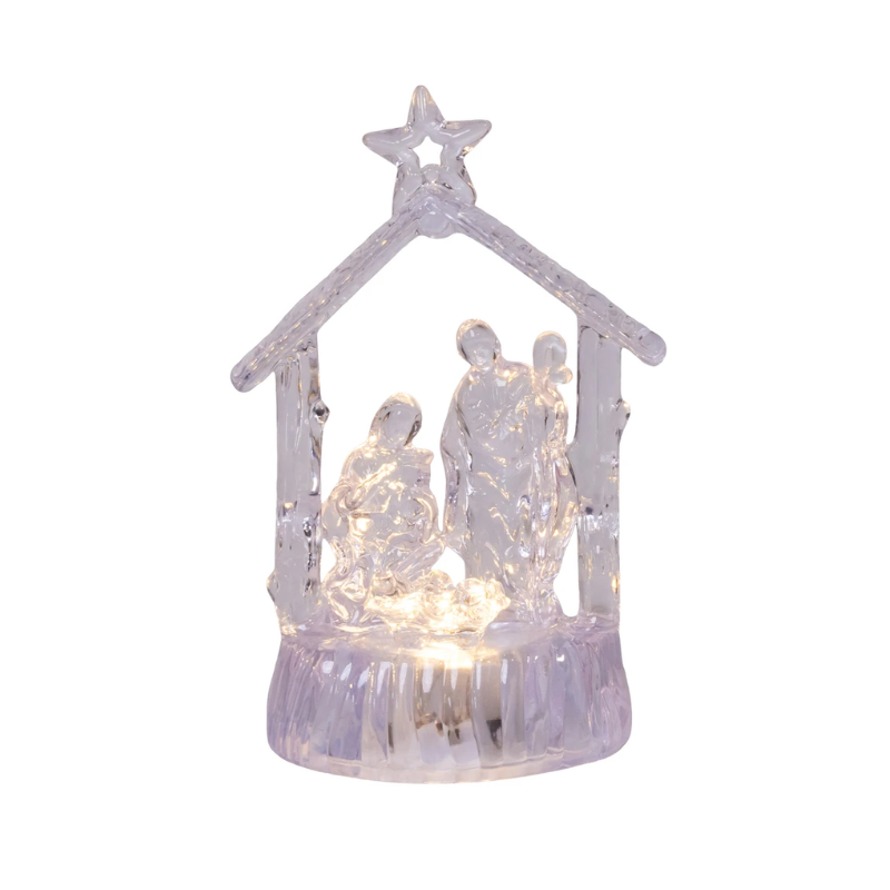 4.5-inch clear acrylic nativity scene with warm white LED lights inside a stable with a star.