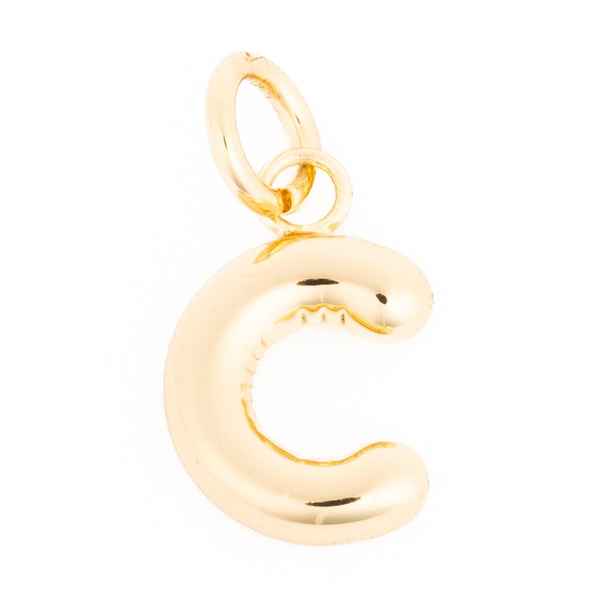 Gold-toned letter C charm pendant with a polished finish and a small attached jump ring.