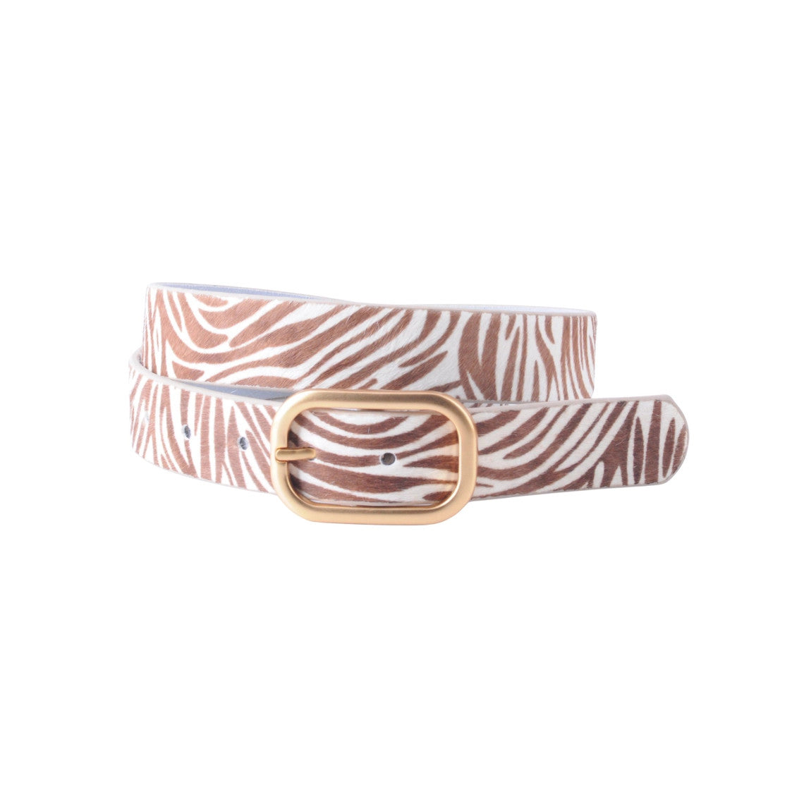 Zebra print calf hair belt with a gold-tone rectangular buckle.