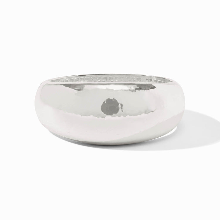 Silver plate statement bangle with a spring hinge closure
