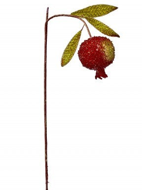 14 inch glitter beaded pomegranate stem with red fruit and green leaves.