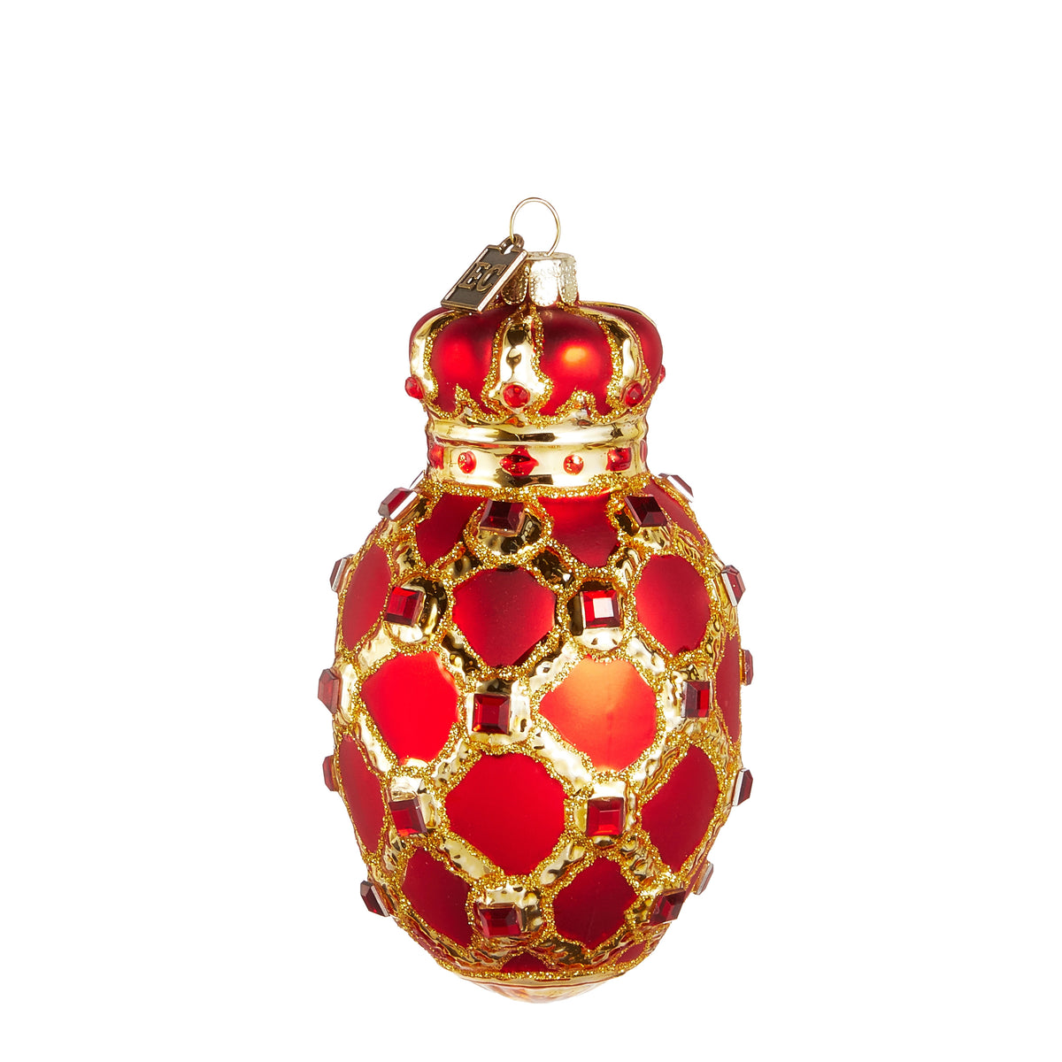 Red garnet egg-shaped Christmas ornament with gold glitter lattice and red gemstone accents.