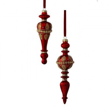 Two red glass mercury finial ornaments with gold jewel accents and hanging ribbons.