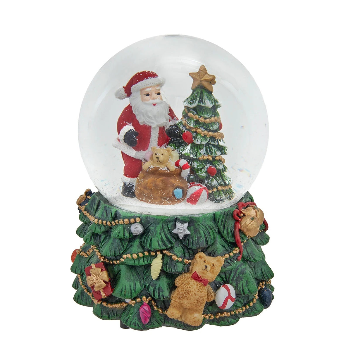 100MM musical water globe featuring Santa, a Christmas tree, and a teddy bear on a festive base.