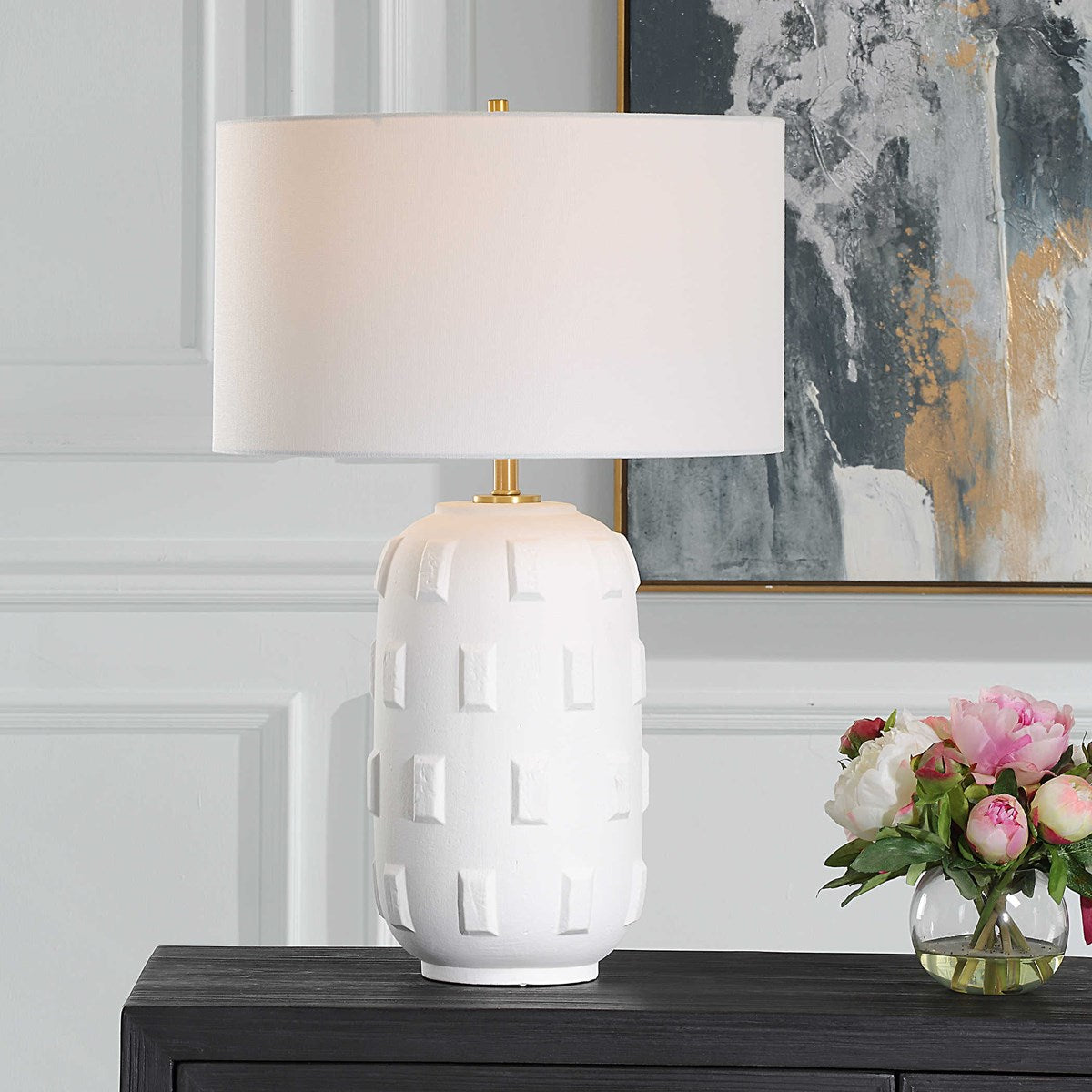 Emerie table lamp with a geometric metal frame in matte black finish.