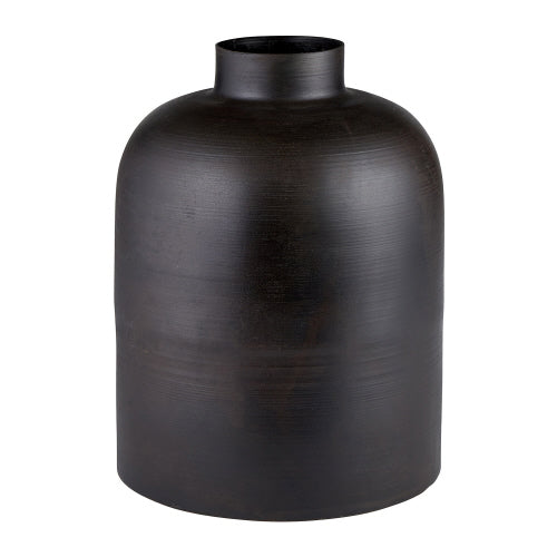 Black metal vase with a sleek cylindrical silhouette.