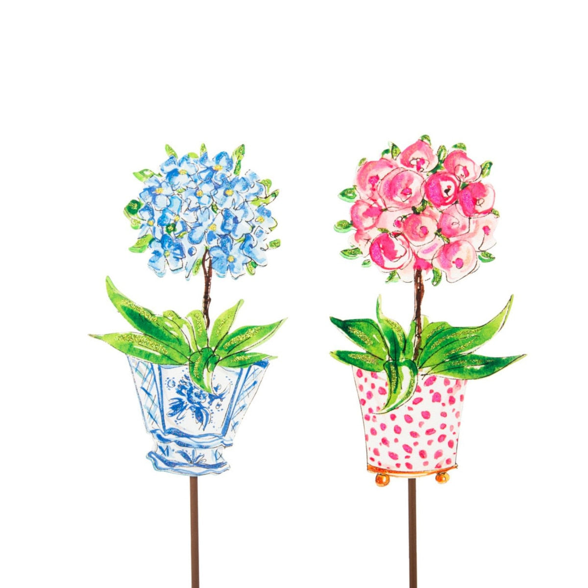 Two decorative garden stakes: one with blue hydrangeas in a blue and white pot, and one with pink roses in a pink polka dot pot.