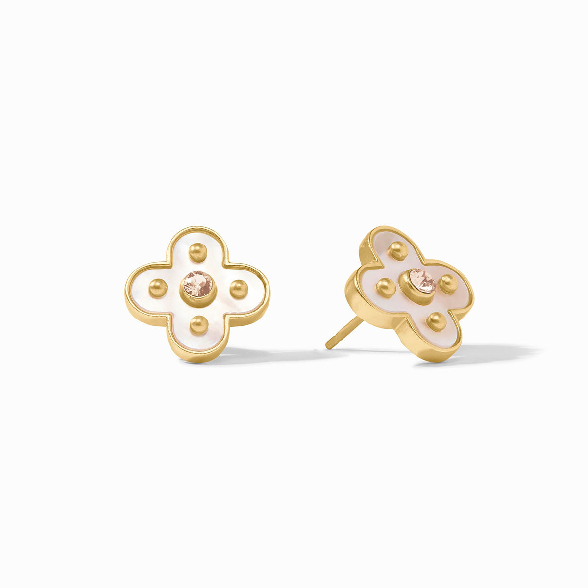 Colette Stud earrings featuring a mother-of-pearl center with CZ accents on gold-plated posts.