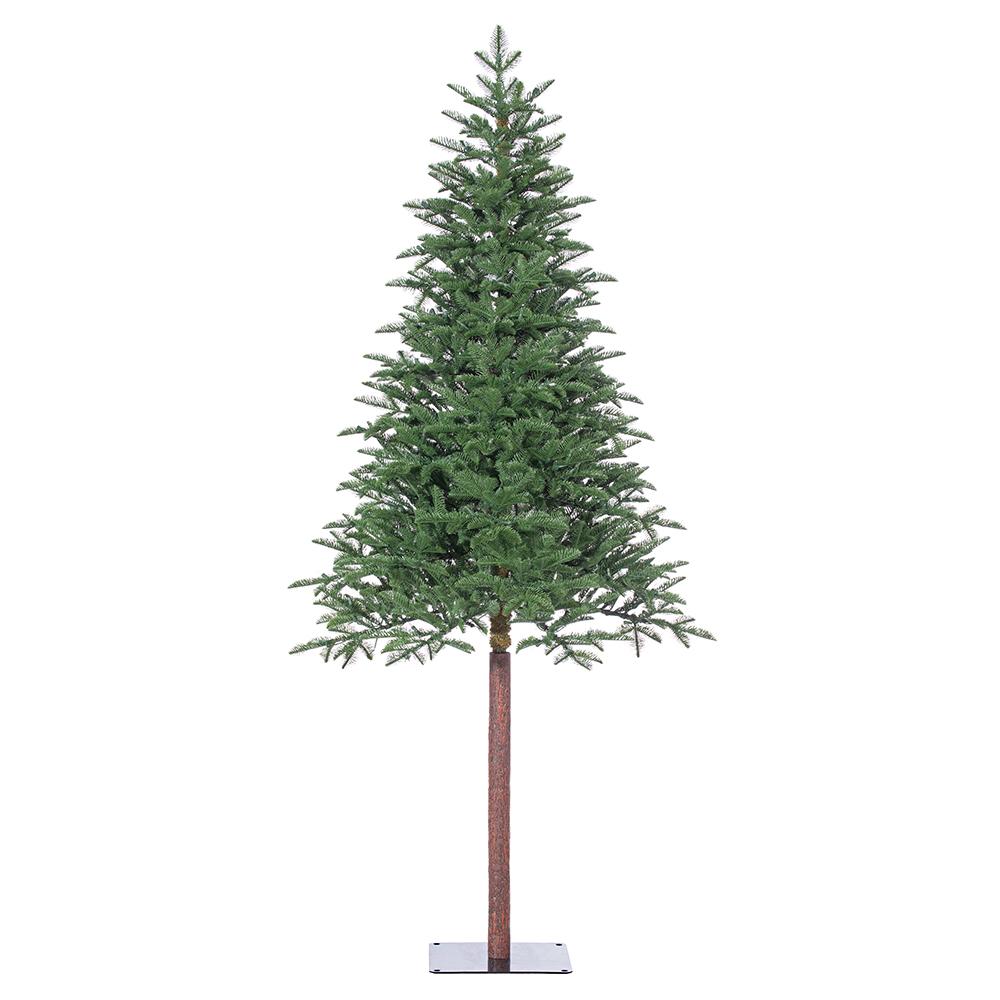 7-foot green pencil pine artificial Christmas tree with a long brown trunk on a metal stand.