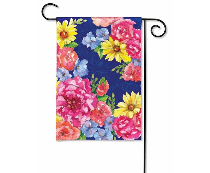 Garden flag featuring a colorful floral botanical pattern on white fabric.