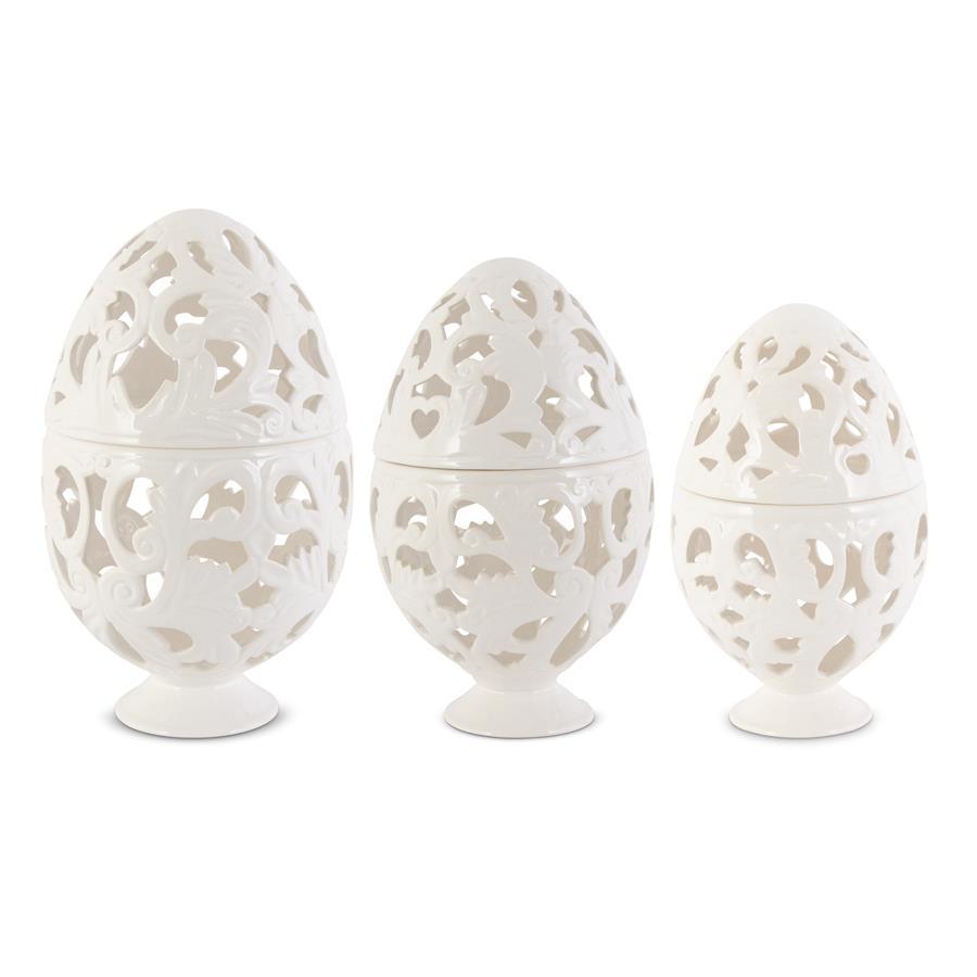 Cream hard dolomite egg container with scroll cutout handle
