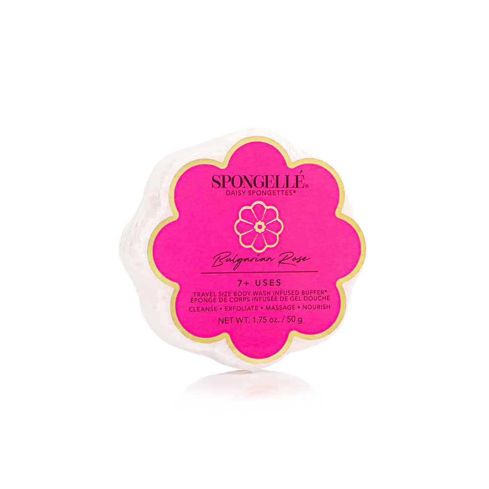 Daisy Collection Spongette body wash infused sponge with built-in cleansing buffer in soft beige.