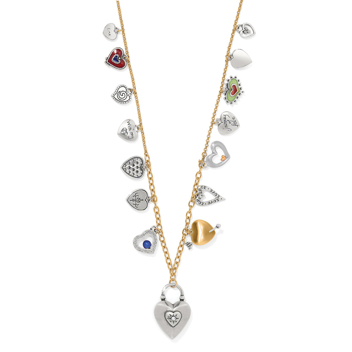 One Heart Long Necklace featuring a gold-tone chain with various silver and gold heart charms.