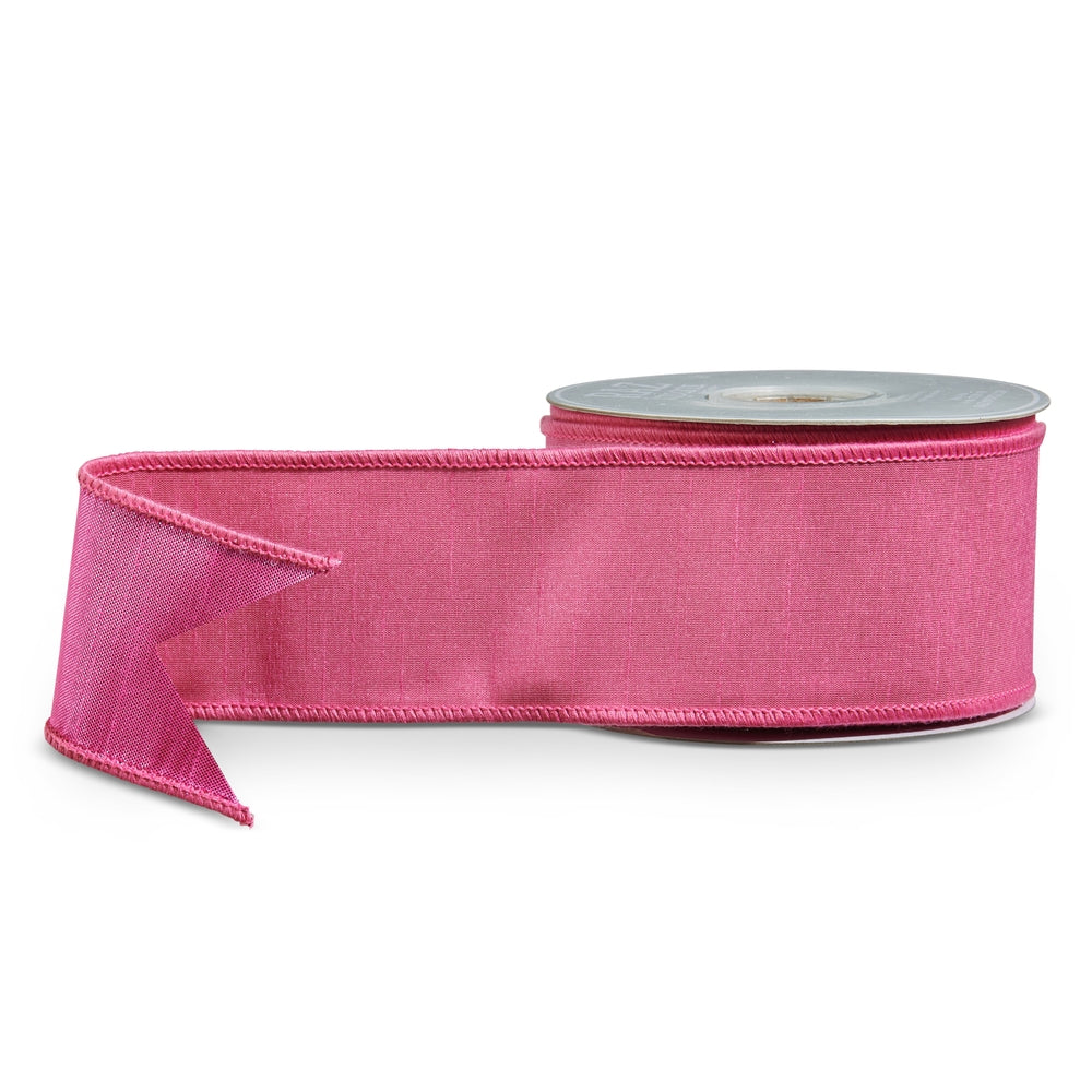Pink polyester wired ribbon measuring 2.5 inches wide by 10 yards long.