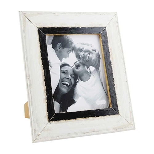Mitered white mango wood picture frame with black center molding holding an 8x10 photo.