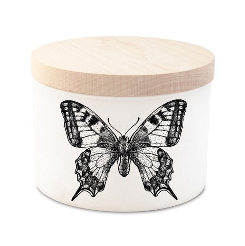 Matte white vessel candle with maple wood lid featuring silk-screened graphic citronella triple-wick design