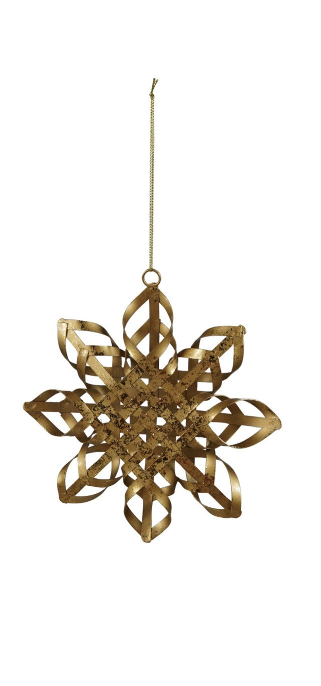 Gold metal snowflake ornament with a distressed finish and woven dimensional design.