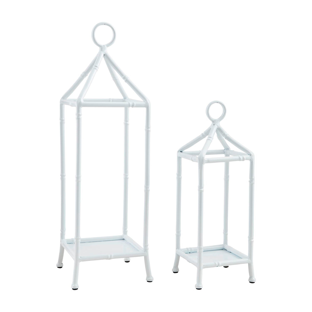 White bamboo lantern with metal frame in a cylindrical shape.