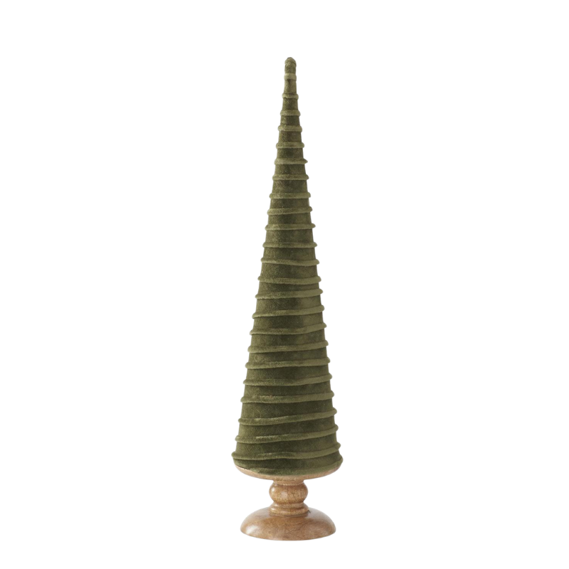 A tall, conical Christmas tree decoration covered in green velvet with a spiral design on a wood base.