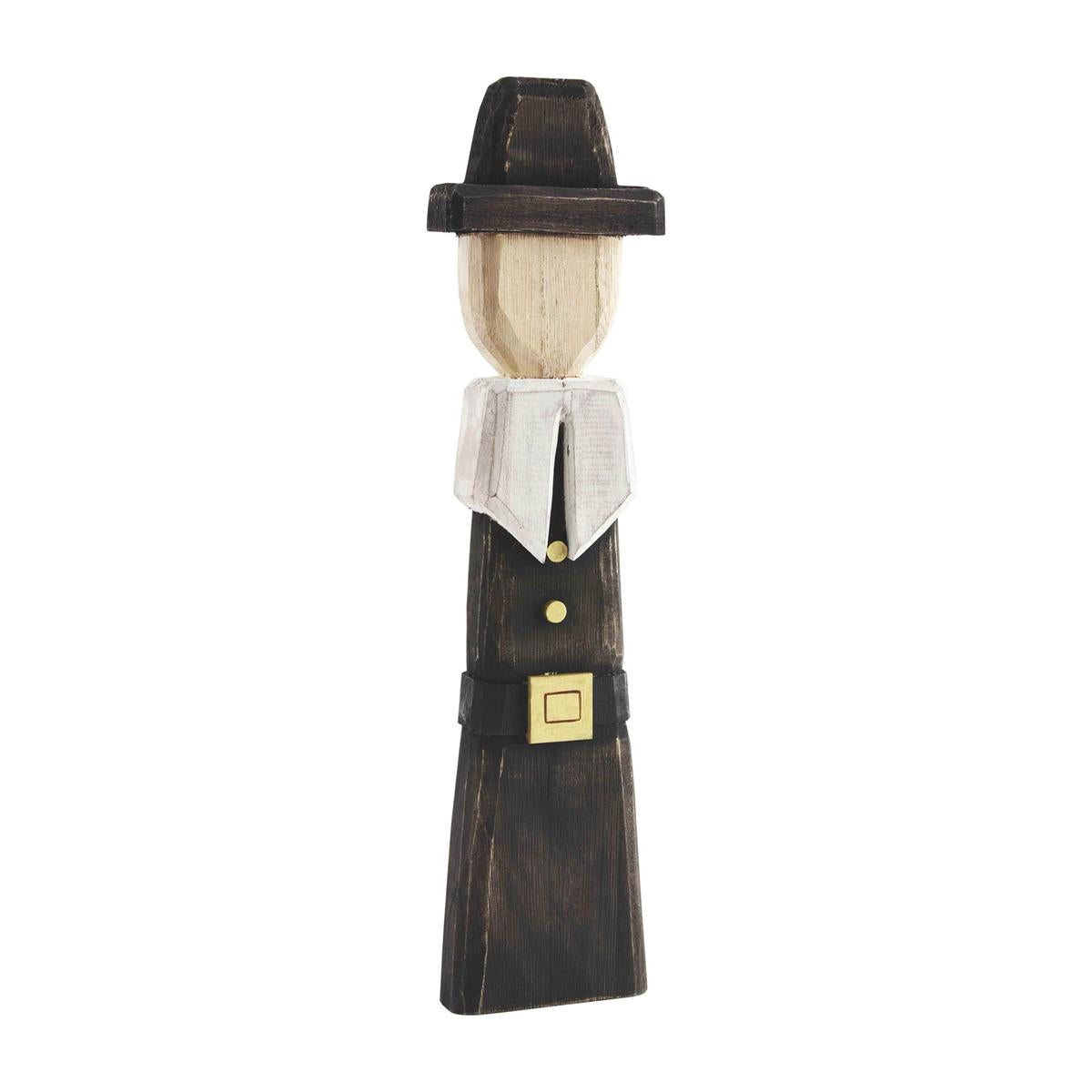 Hand-painted pine wood Pilgrim Sitter figurine with distressed chiseled texture and natural finish.