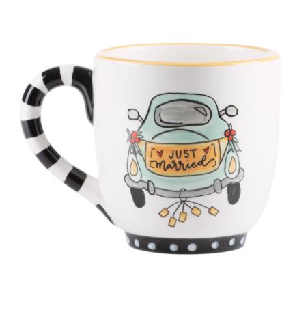 White 16oz ceramic mug with a hand-painted 'Just Married' car and a black and white striped handle.