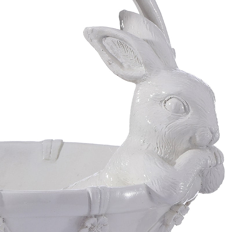Resin floral basket with bunny featuring textured flower patterns in pastel tones.