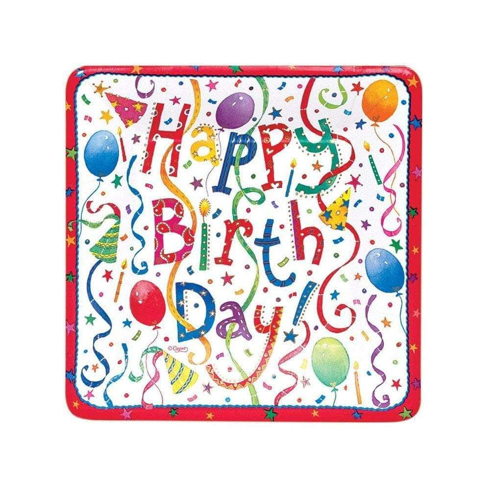 Square paper plate featuring colorful 'Happy Birthday' text with balloons, confetti, and streamers.